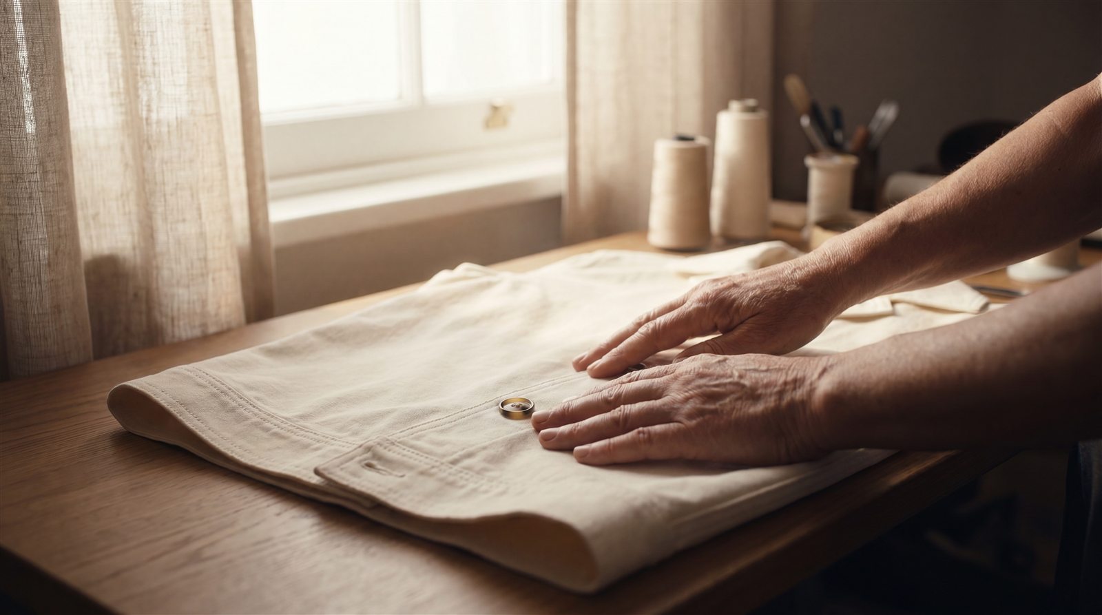 Hands smoothing a cream garment on an atelier work table