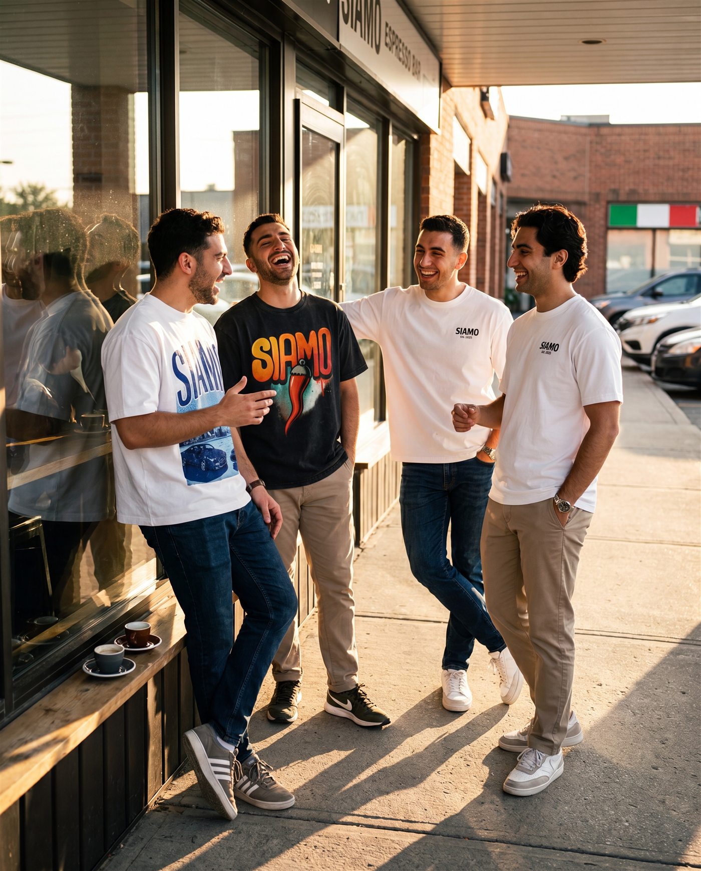 Friends laughing together in a Woodbridge plaza at golden hour